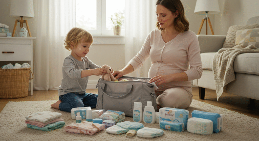 Itens do bebê na mala de maternidade
