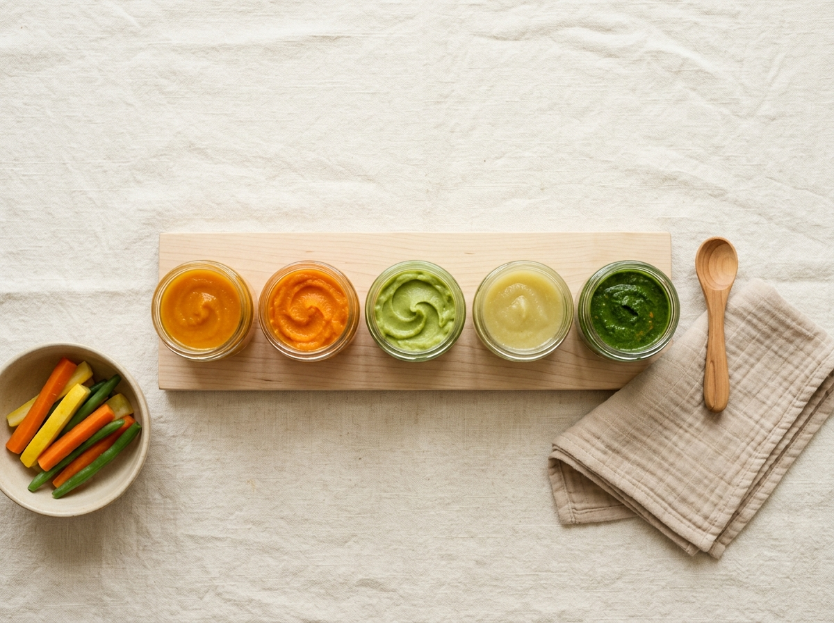 Meal prep semanal do bebe: potes de vidro com pures caseiros e legumes cozidos