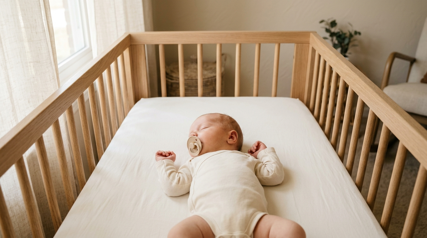 Bebê dormindo de barriga para cima no berço vazio com chupeta, sem objetos soltos