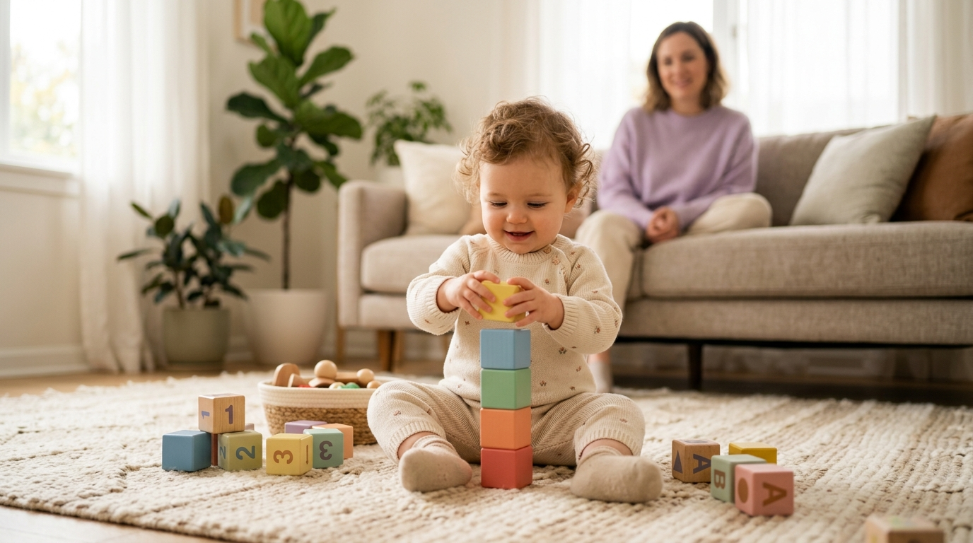 Bebê de um ano sentado no tapete empilhando blocos coloridos enquanto a mãe observa no sofá