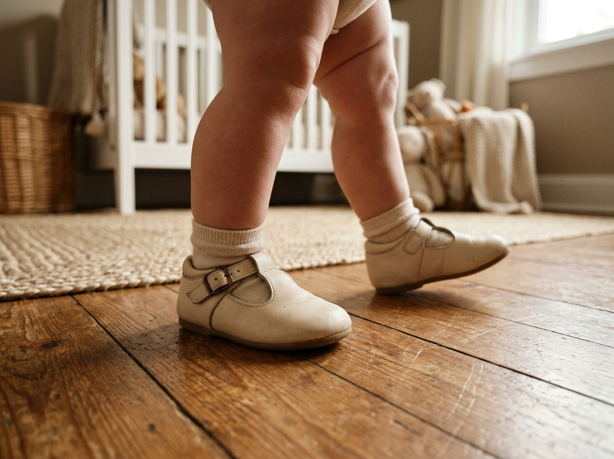 Primeiros passos do bebe de 1 ano com sapatinhos de couro creme sobre piso de madeira