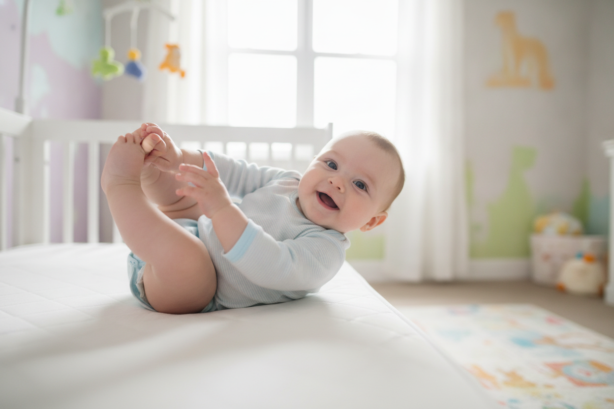 Bebê de 4 meses rolando no berço: o salto motor que acompanha a regressão do sono