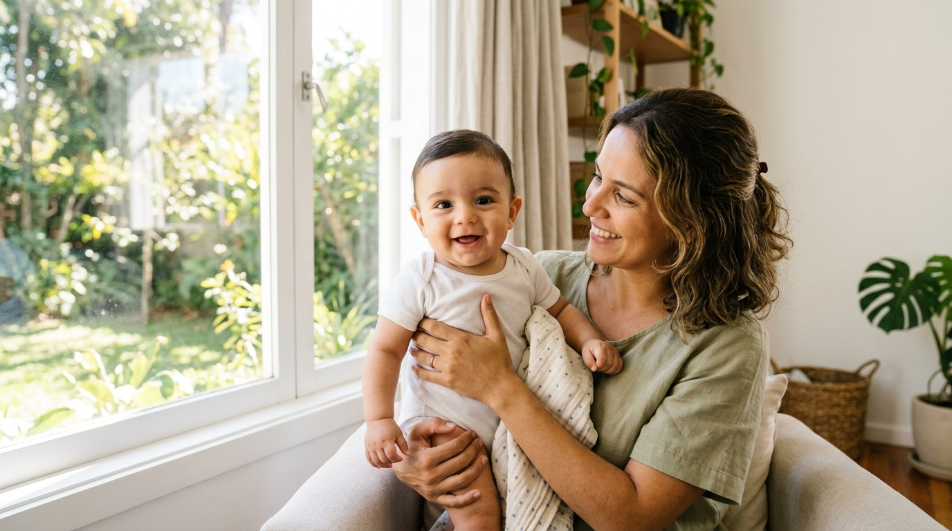 Bebê acordado e alerta durante o dia perto de uma janela iluminada pela luz natural no colo da mãe