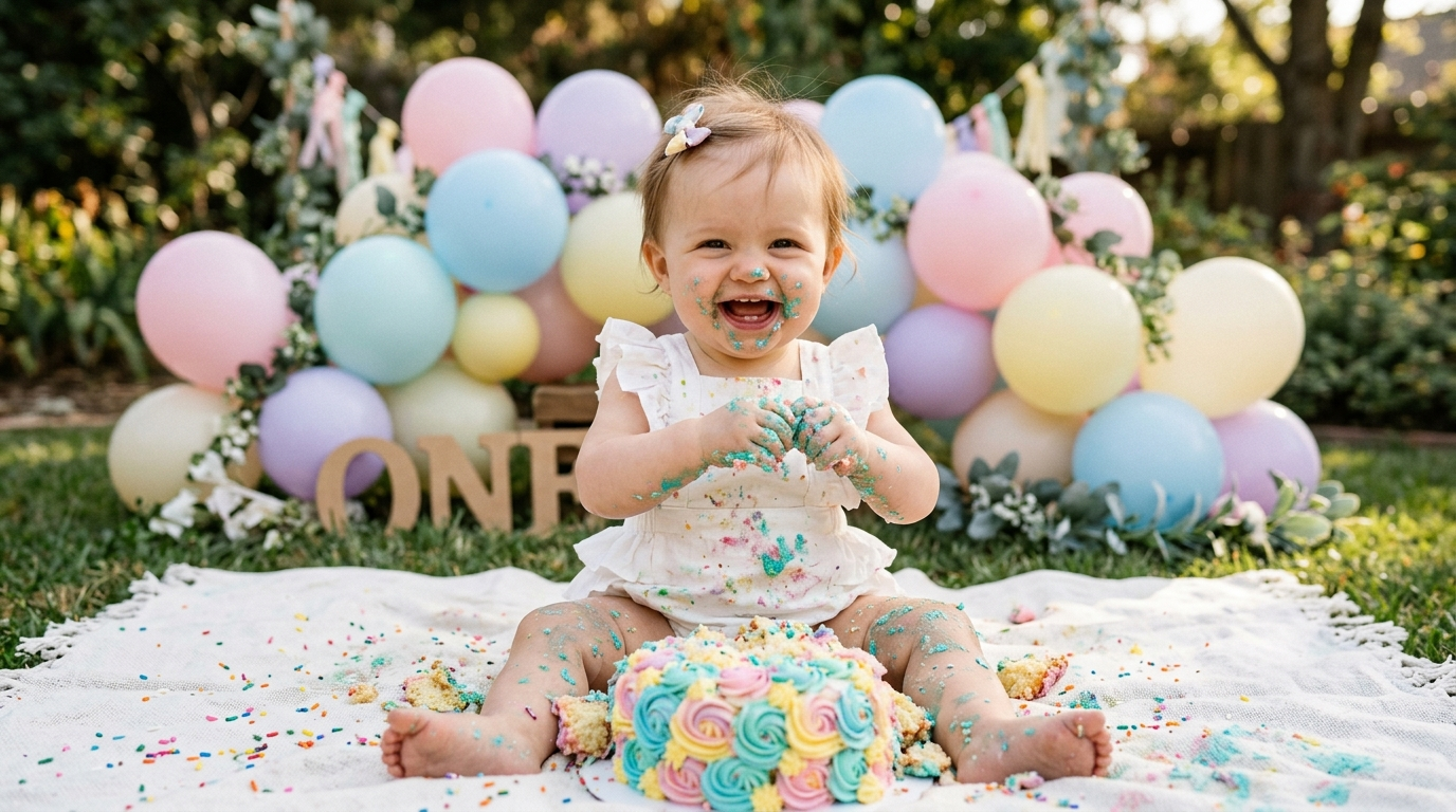 Bebê de um ano sentado amassando alegremente um bolo colorido num cenário de smash the cake com balões