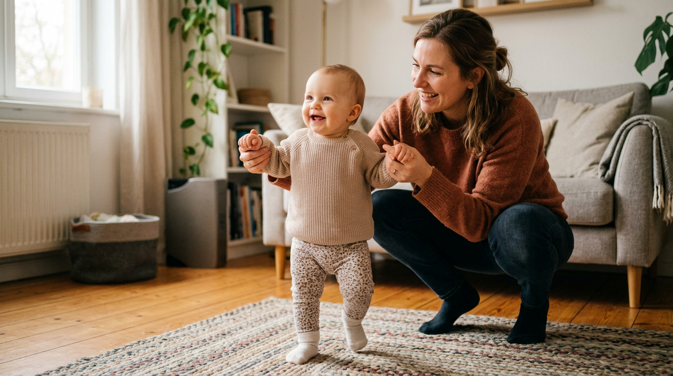 Bebê dando os primeiros passos segurando nas mãos da mãe na sala de casa