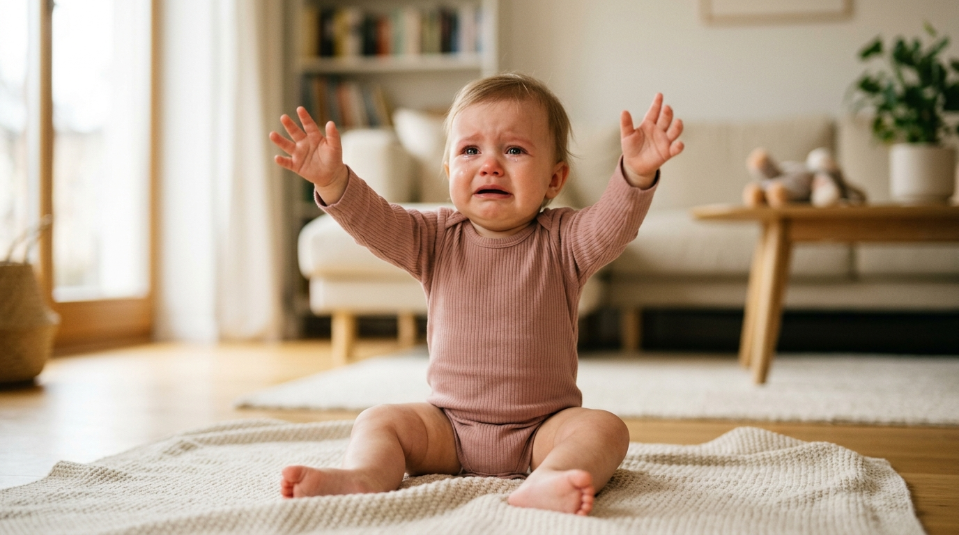 Bebê chorando e estendendo os braços pedindo o colo da mãe