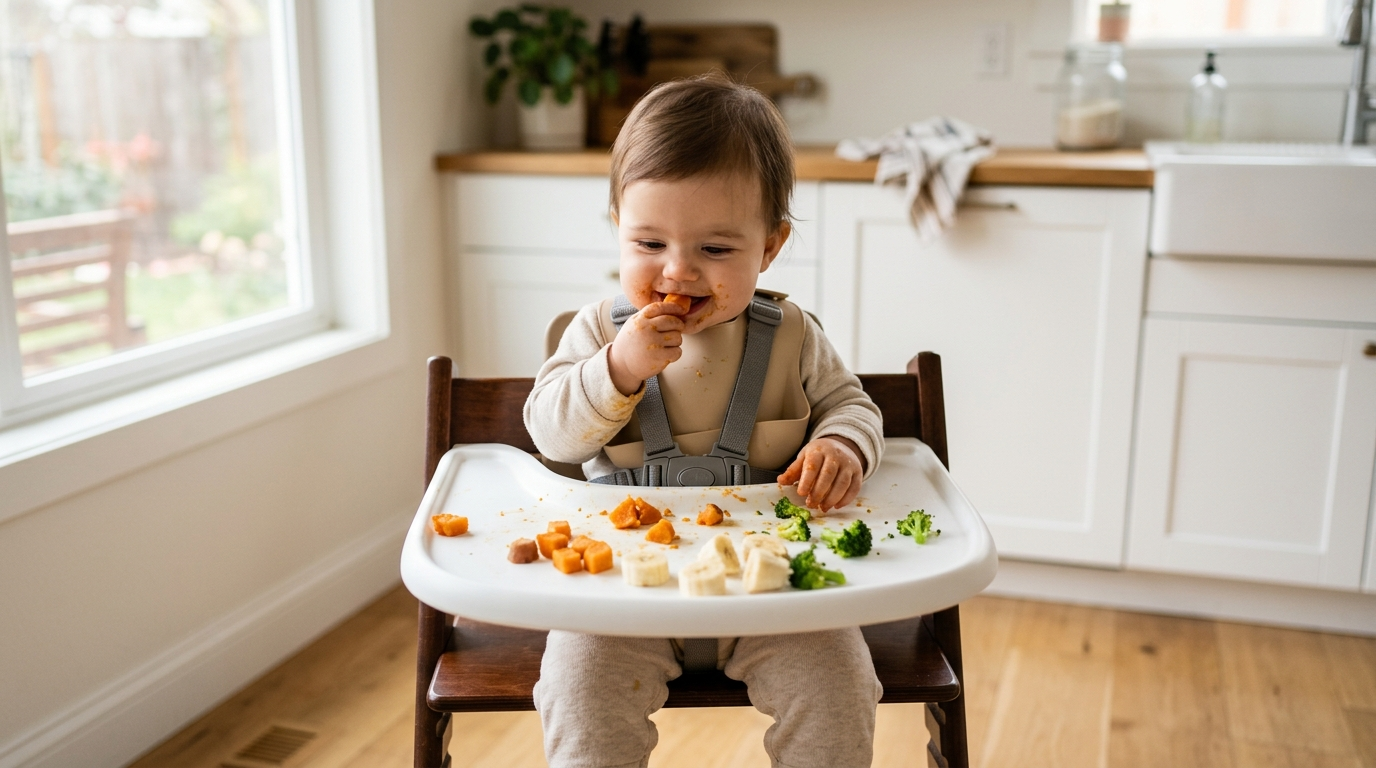 Bebê sentado na cadeira de alimentação com o cinto afivelado comendo pedaços de comida na bandeja