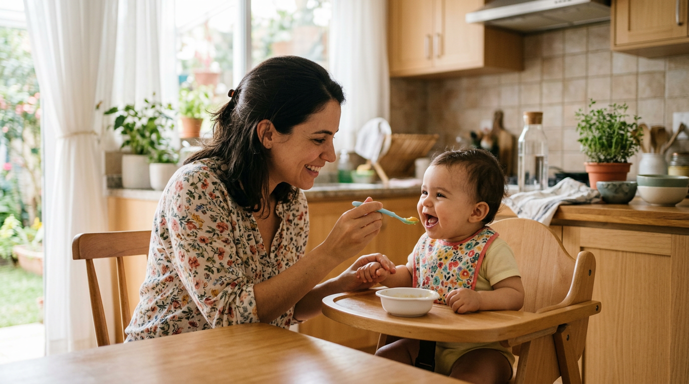 Bebê sentado sendo alimentado com uma colher de papinha durante a introdução alimentar