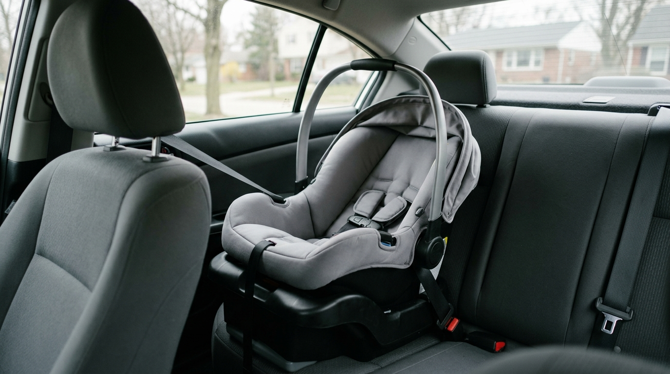 Bebê conforto cinza instalado de costas para o movimento no banco traseiro do carro