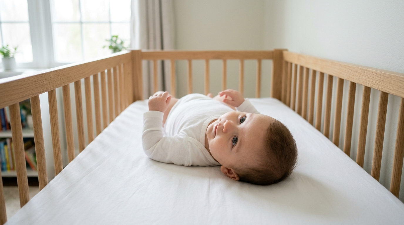 Bebê dormindo tranquilo de barriga para cima no berço vazio, em quarto claro