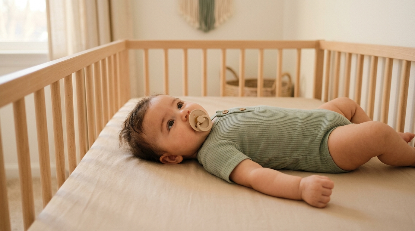Bebê deitado de barriga para cima no berço sem objetos soltos, usando chupeta