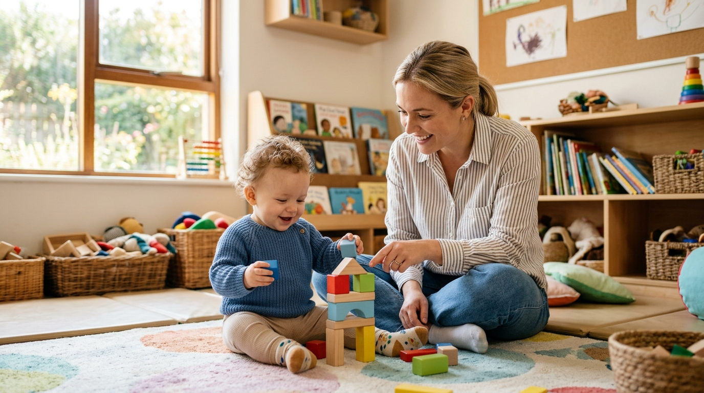 Bebê brincando com blocos ao lado de uma educadora em uma sala de creche clara e acolhedora