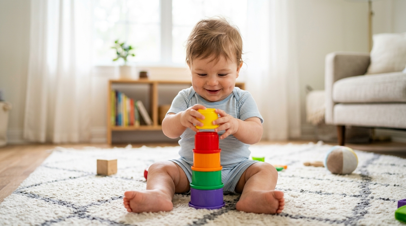 Bebê de cerca de um ano sentado no tapete empilhando potes coloridos de plástico durante a brincadeira