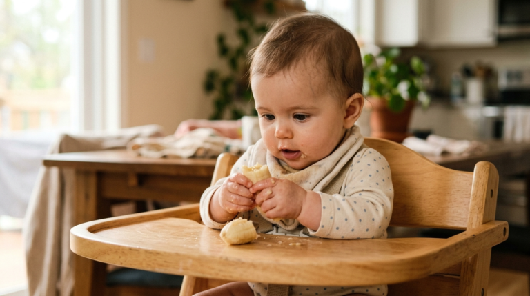 Bebê de cerca de seis meses experimentando um pedaço de fruta com as mãos na cadeira de alimentação