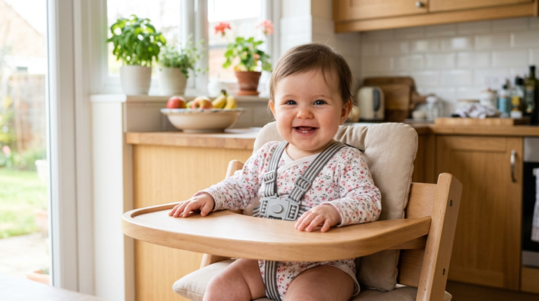 Bebê sorrindo sentado em uma cadeira de alimentação com o cinto afivelado, em cozinha clara