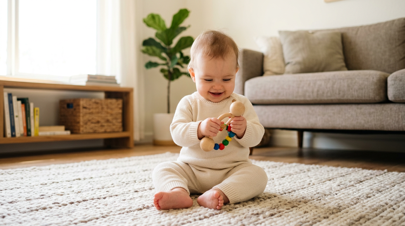 Bebê sentado sozinho no tapete brincando, com as costas eretas e boa firmeza no tronco