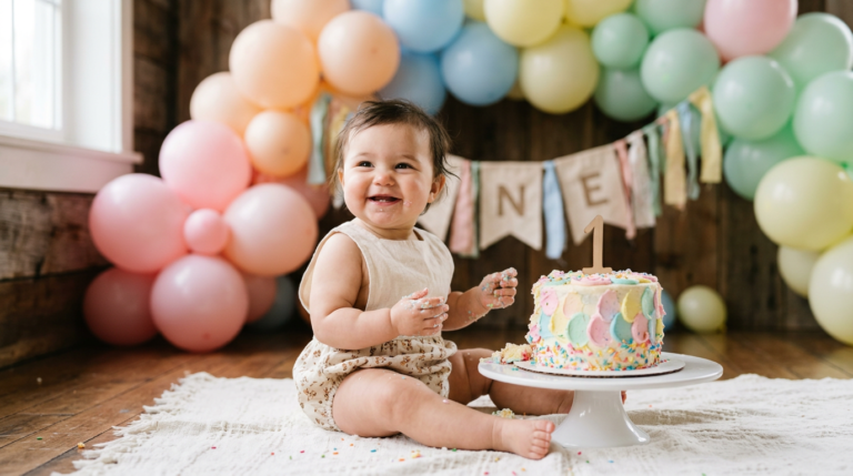 Bebê de um ano sorrindo sentado ao lado de um bolo colorido num cenário de smash the cake