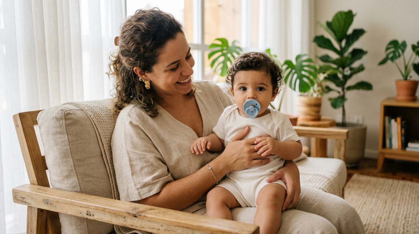 Mãe segura no colo o bebê de cerca de um ano que usa chupeta, em sala com luz natural