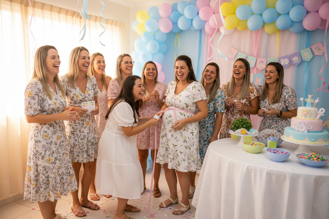 Convidadas rindo numa brincadeira de chá de bebê