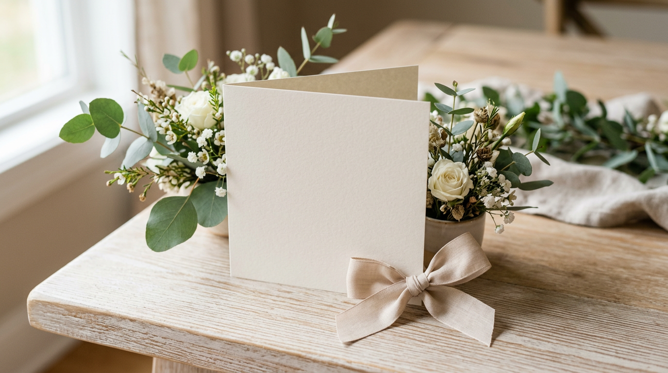 Convite de chá de bebê em tons neutros sobre mesa decorada com flores e itens de enxoval