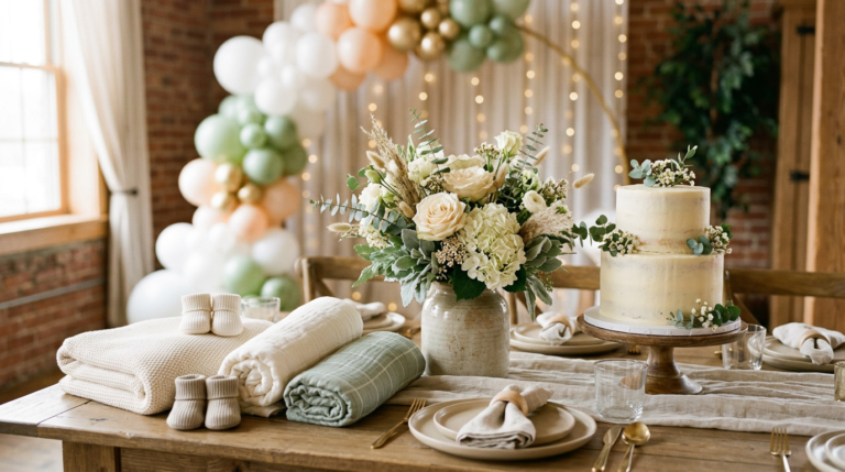Mesa decorada para chá de bebê em tons neutros com flores, itens de enxoval e bolo simples