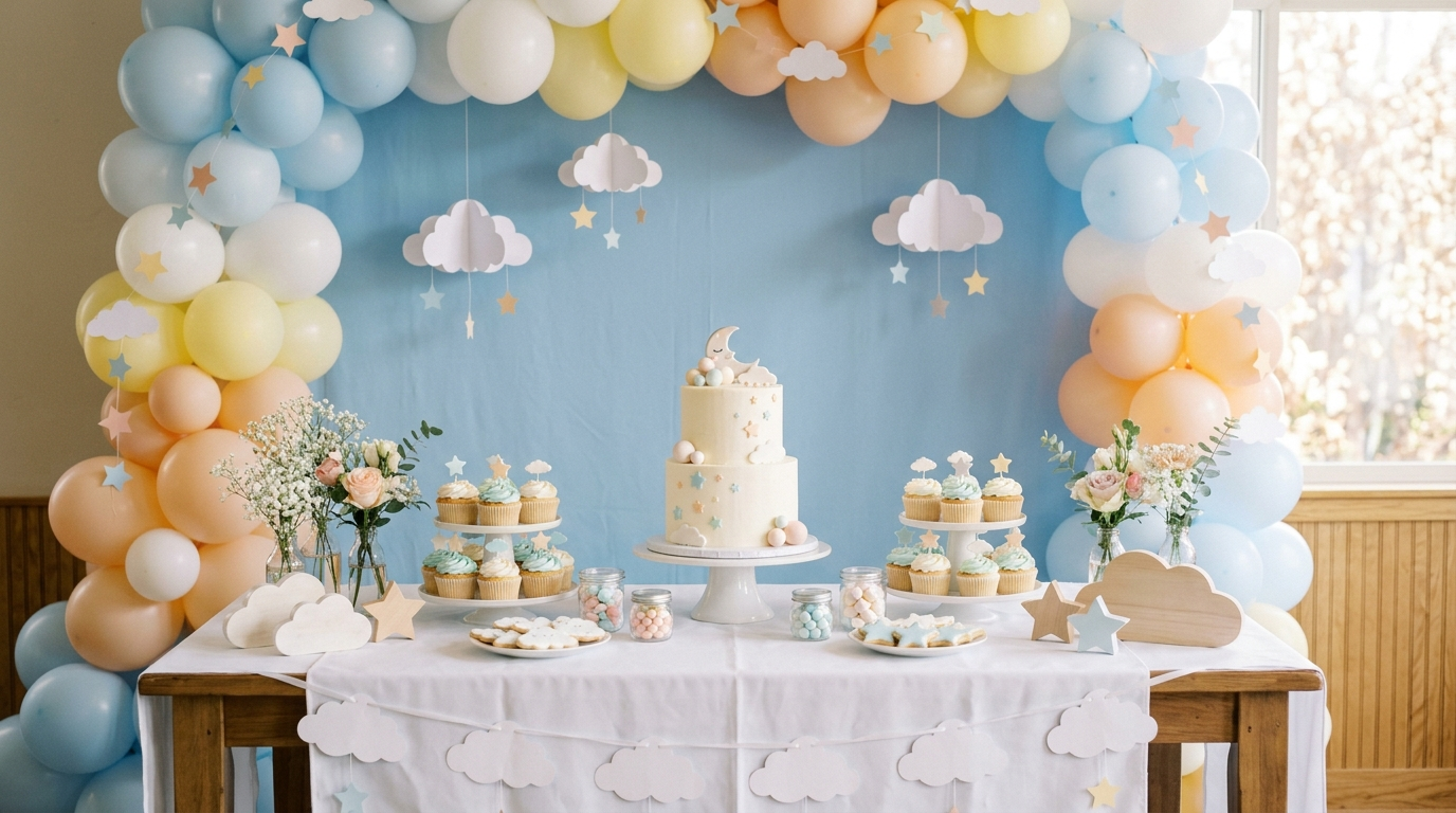 Mesa de chá de bebê decorada com tema de nuvens e estrelas em tons pastel, com arco de balões e bolo