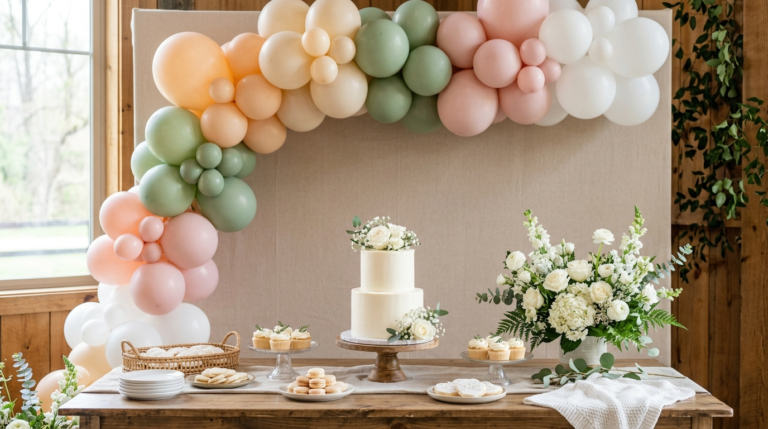 Mesa de bolo de chá de bebê com painel decorado ao fundo em tons neutros