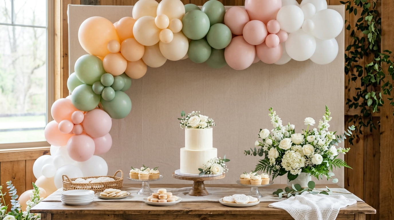 Mesa de bolo de chá de bebê com painel decorado ao fundo em tons neutros
