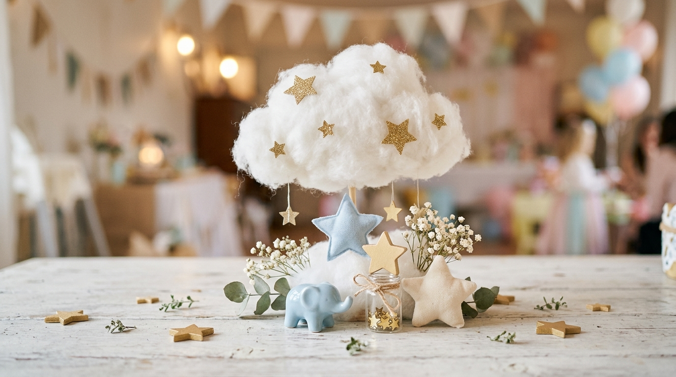 Detalhe de decoração de chá de bebê com tema de nuvens e estrelas em tons pastel sobre mesa clara