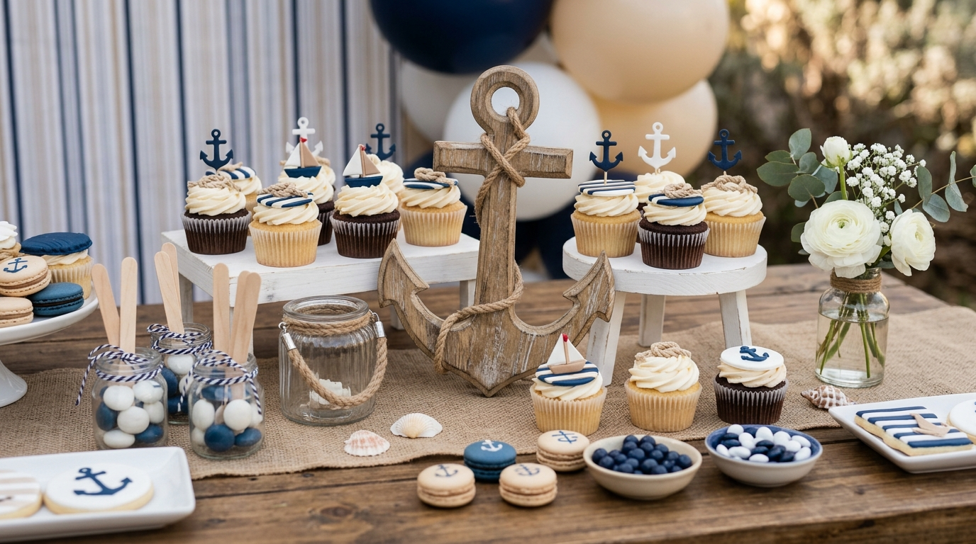 Mesa de chá de bebê masculino com tema náutico em azul e branco, âncoras e bolo decorado
