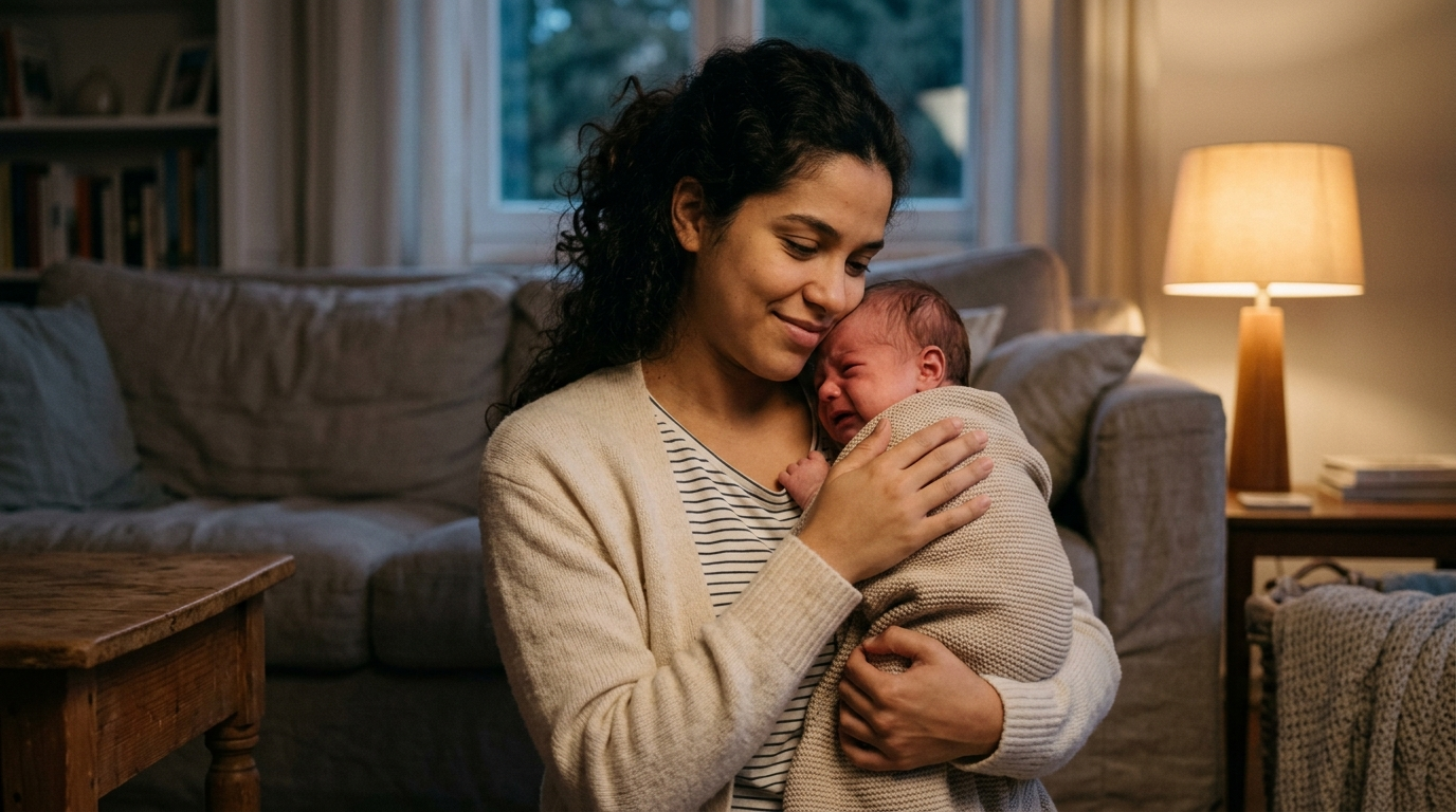 Mãe acalma o bebê com cólica no colo, na penumbra do fim do dia
