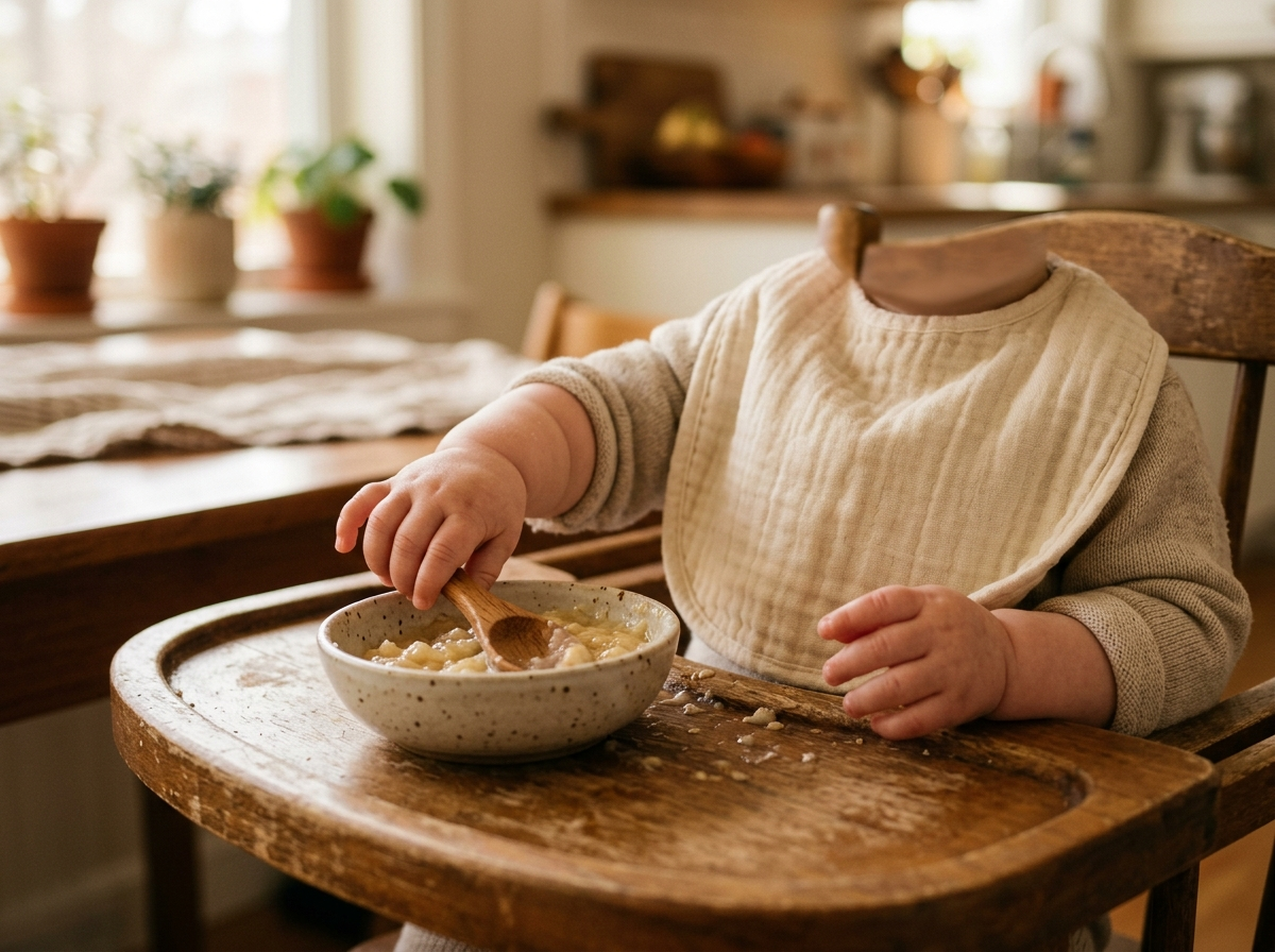 Bebe no cadeirao alcancando colher com purê de banana - sinal de prontidao alimentar