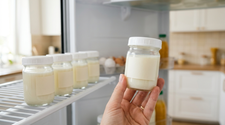 Frascos de vidro com leite materno etiquetados na prateleira da geladeira