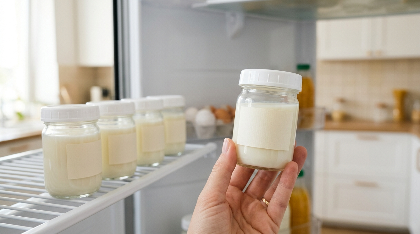 Frascos de vidro com leite materno etiquetados na prateleira da geladeira