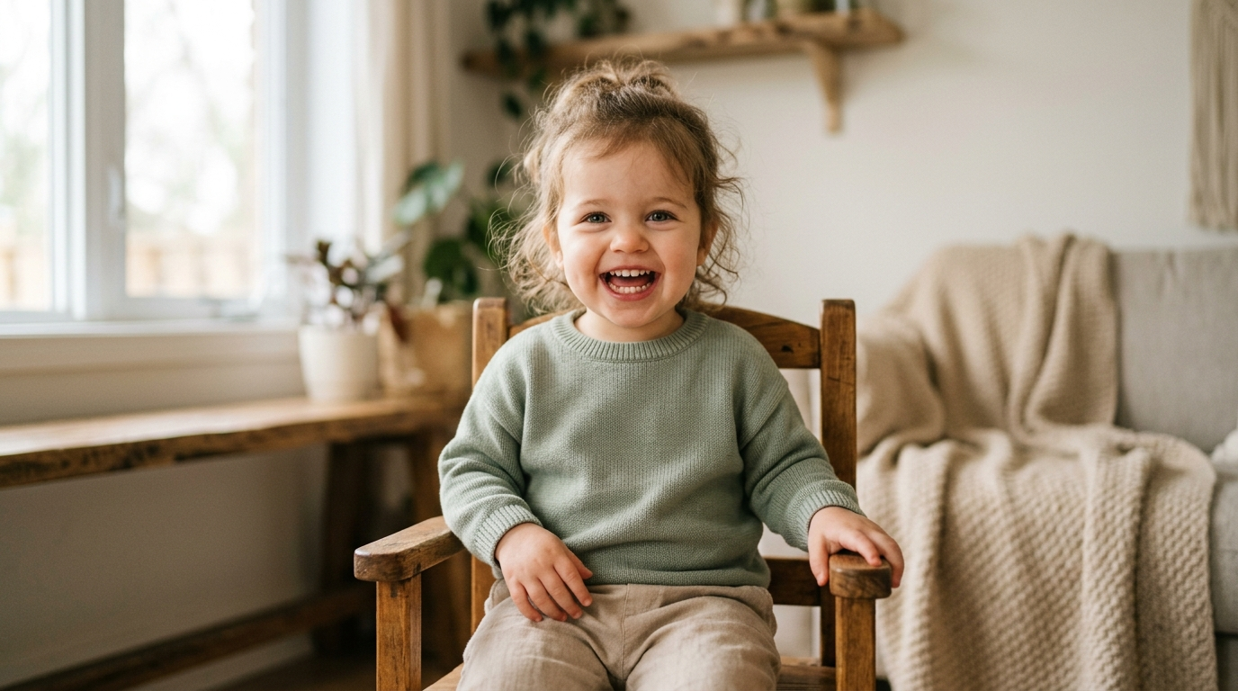 Criança pequena sorrindo e mostrando os dentes de leite, sentada em ambiente claro