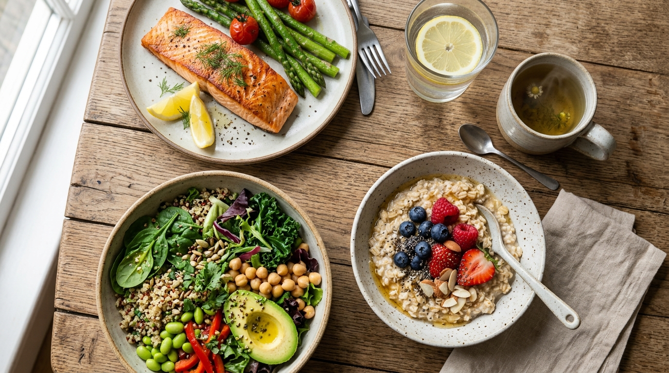 Dieta da amamentacao: prato saudavel com salmao, quinoa, aveia e frutas