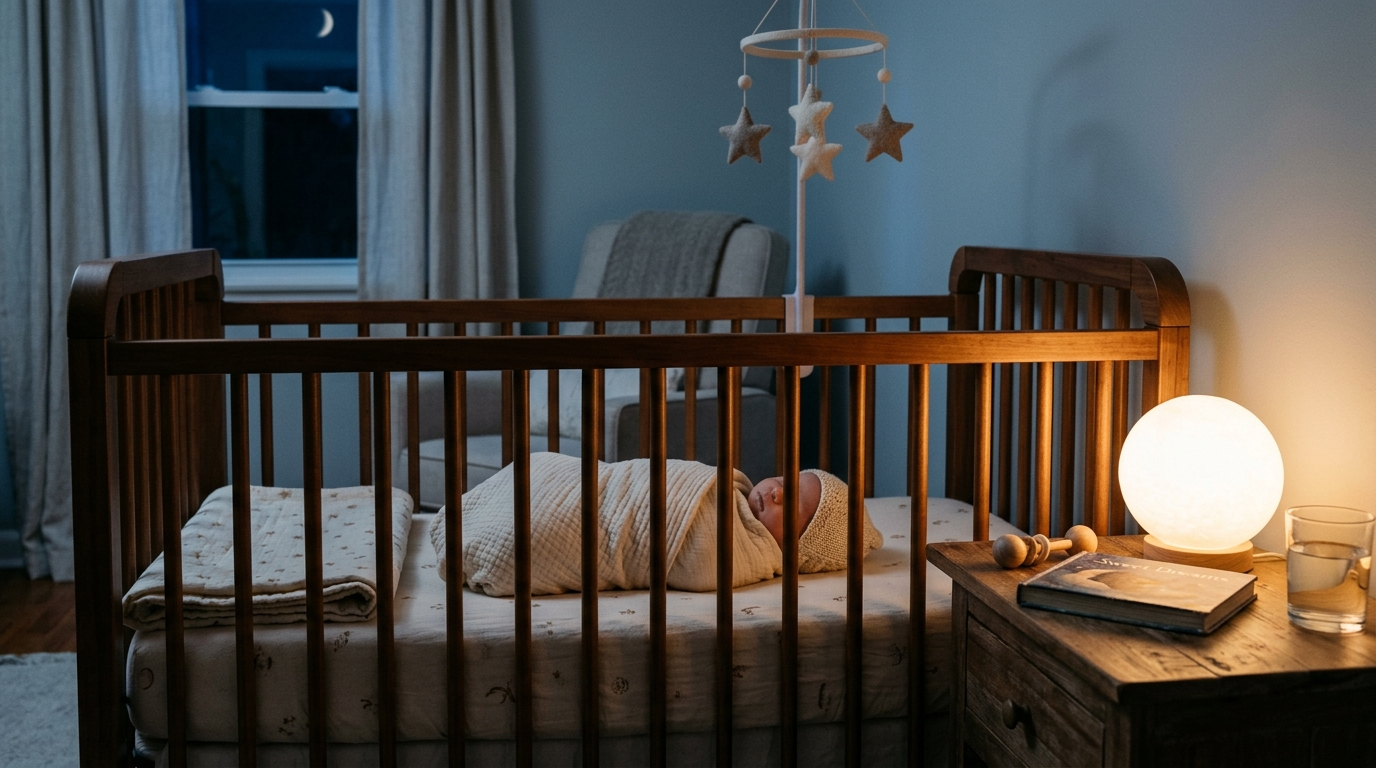 Como fazer o bebe dormir a noite toda: cena noturna do berco com abajur aceso