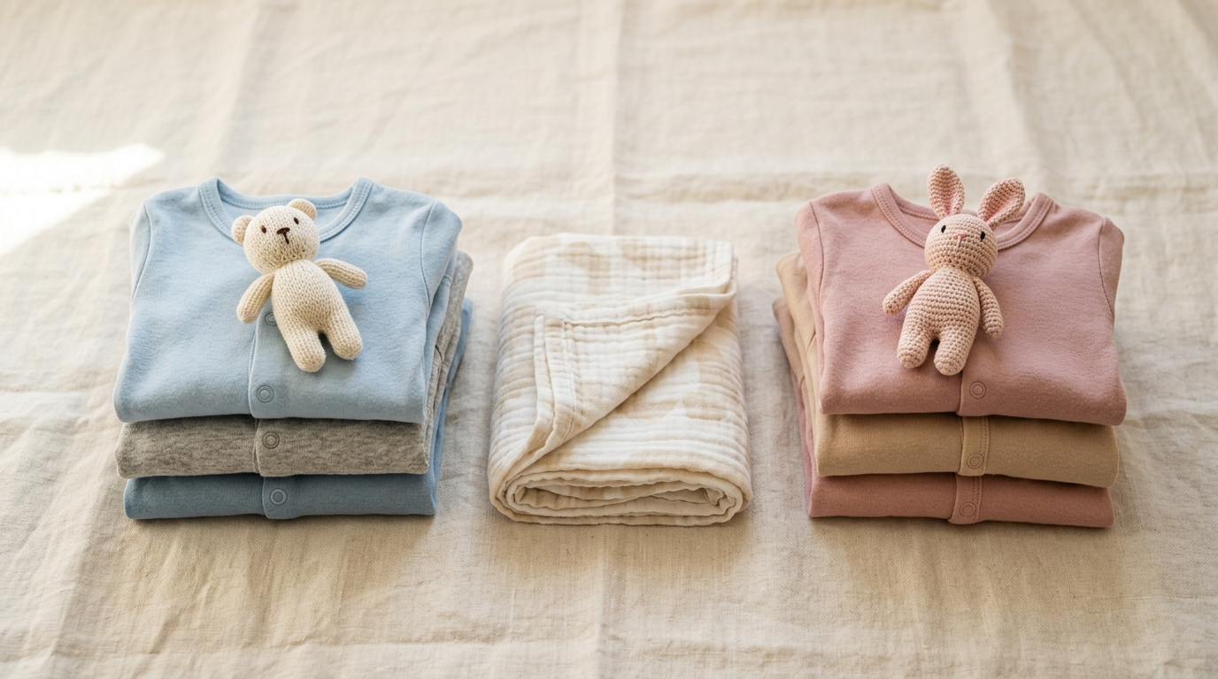 Enxoval de bebe menino e menina: pilhas de roupinhas em azul e rosa com bichinhos de croche