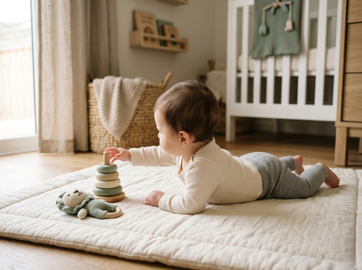 Bebe em tummy time no tapete alcancando brinquedo de madeira