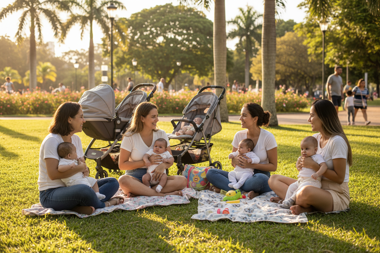 Grupo de mães com bebês no parque: o círculo da comunidade na rede de apoio