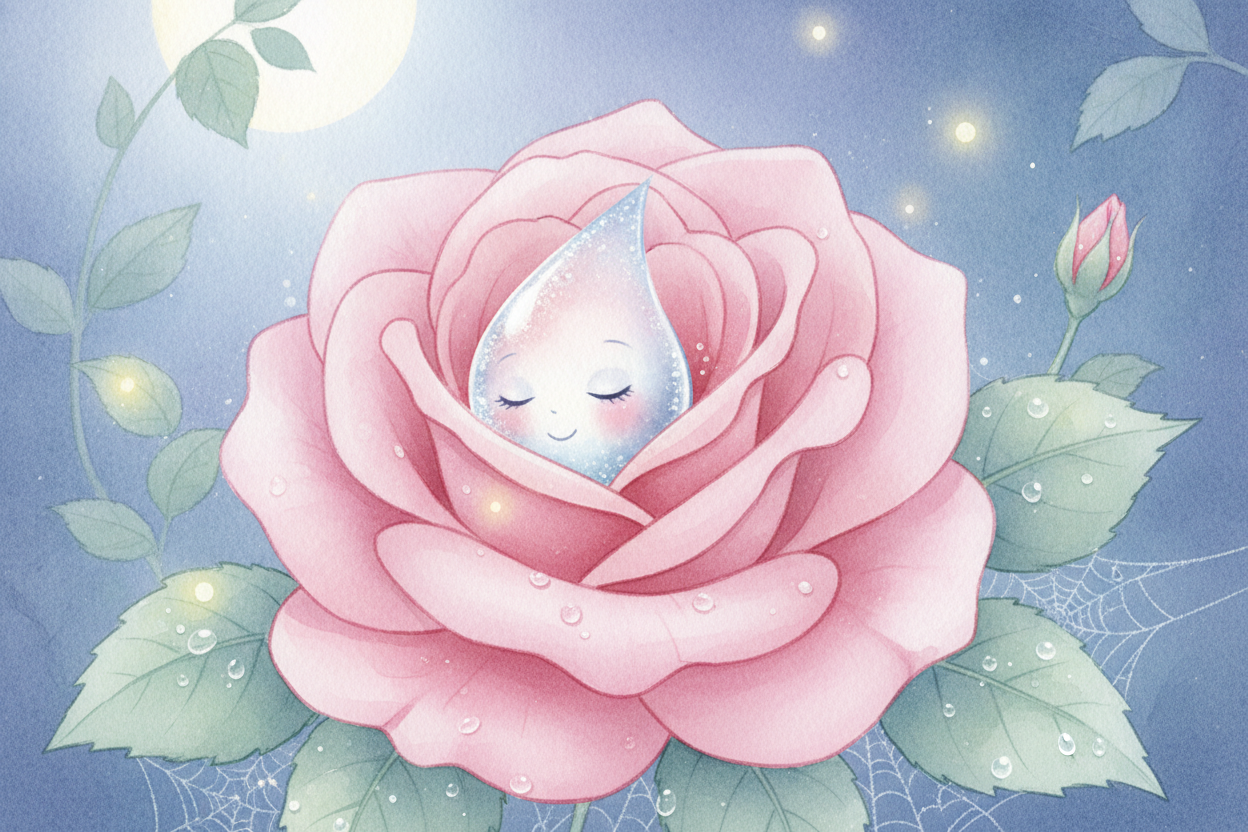 Historinha da gotinha Gaia dormindo dentro da rosa cor-de-rosa