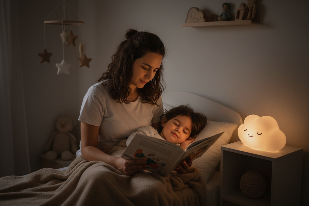 Mãe lendo historinha para dormir para a filha na cama em meia-luz
