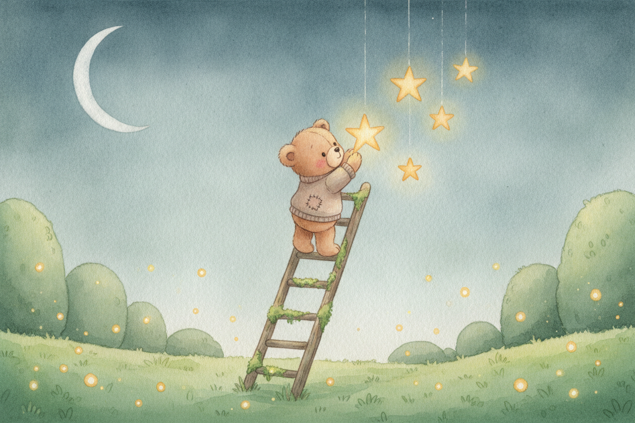 Historinha do ursinho Teo pendurando as estrelas no céu da floresta