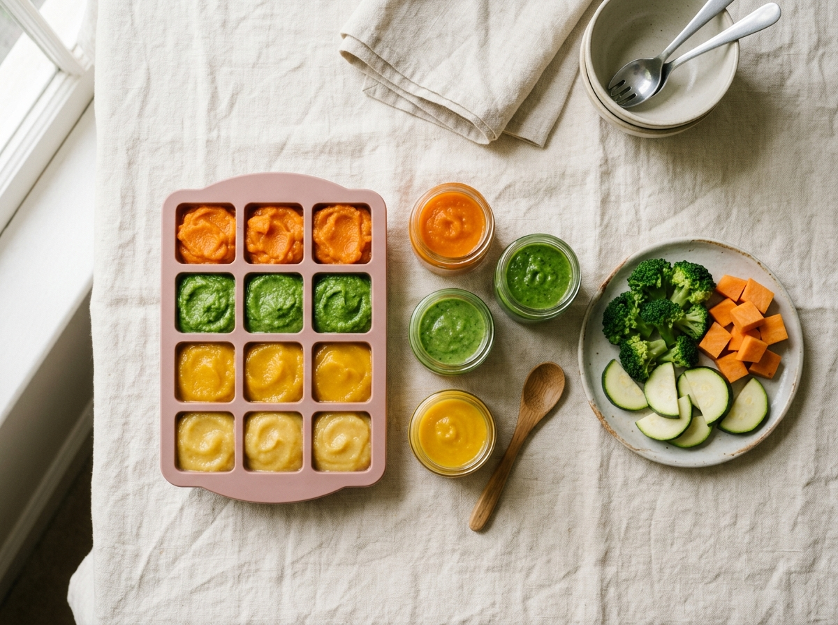 Meal prep de papinha caseira congelada em forma de silicone e potes de vidro