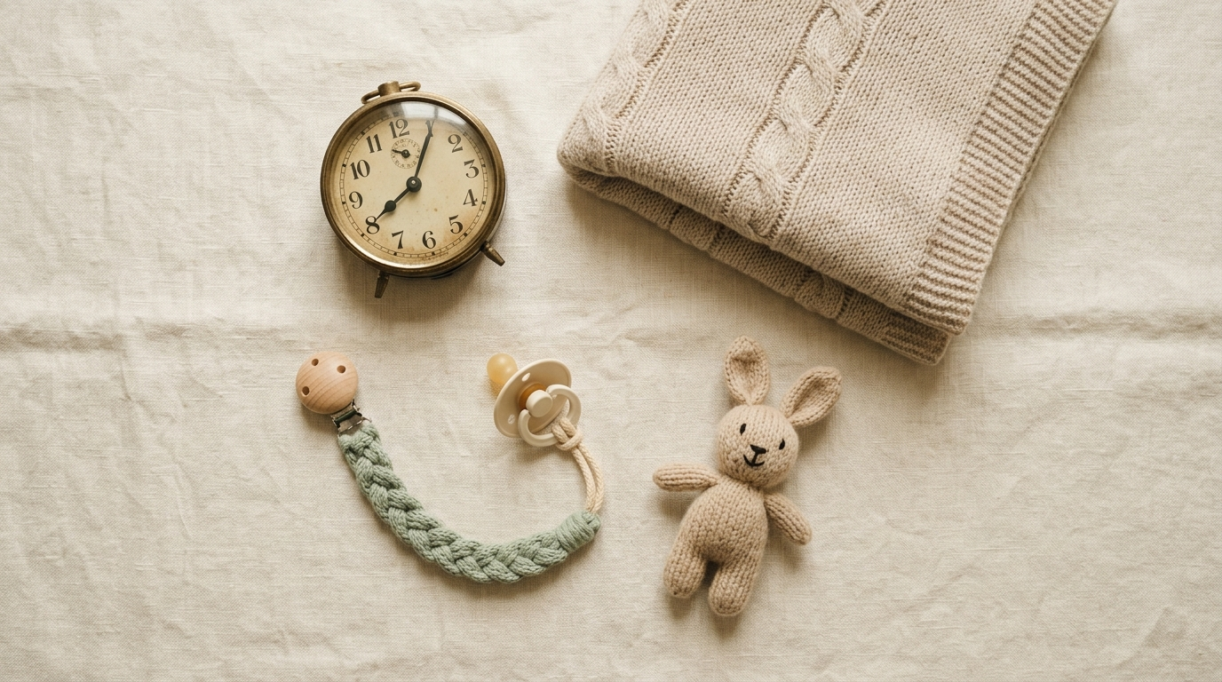 Janela de sono do bebe: relogio analogico com mantinha, chupeta e sono-toy