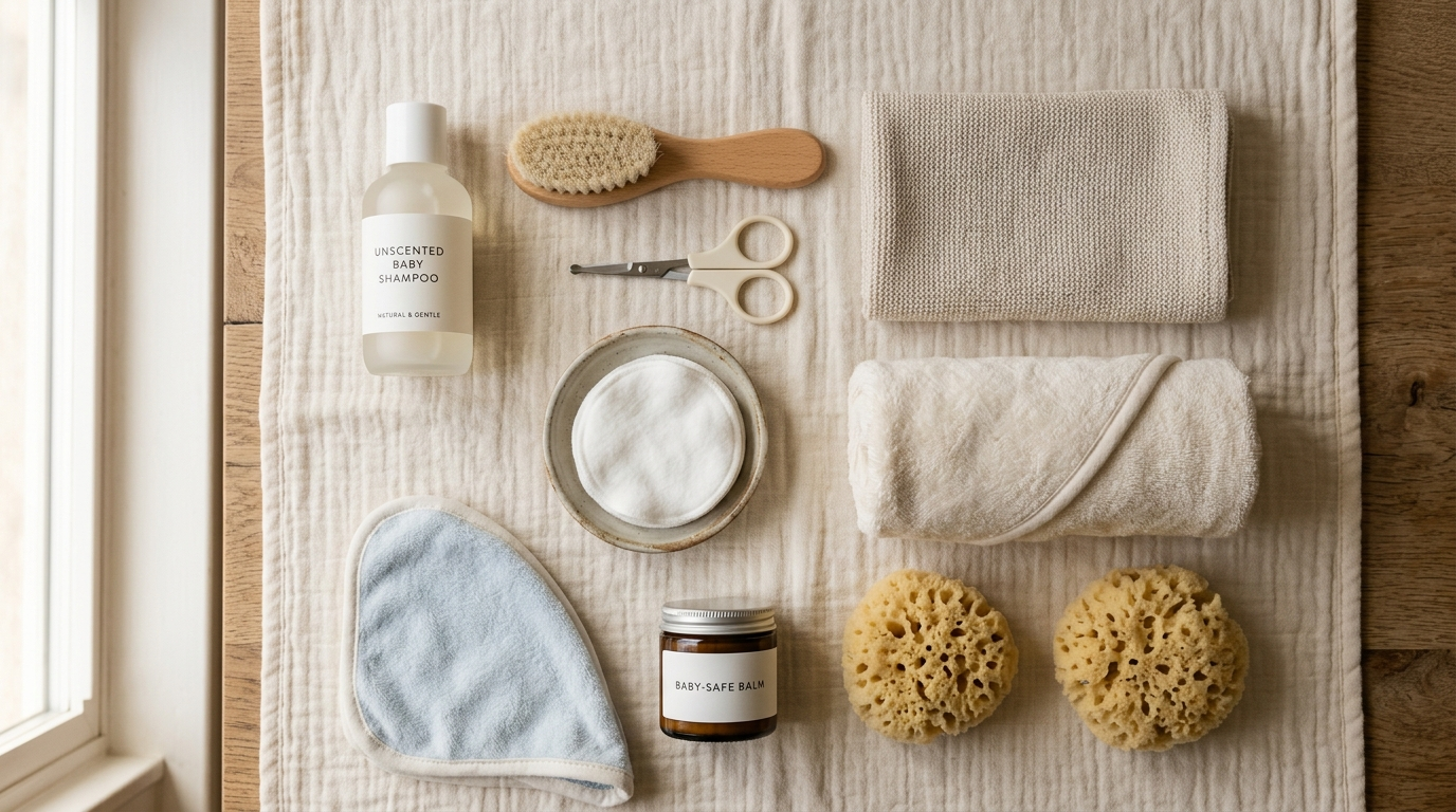 Kit de higiene do recem-nascido completo: shampoo, escova, tesoura, algodao e toalha