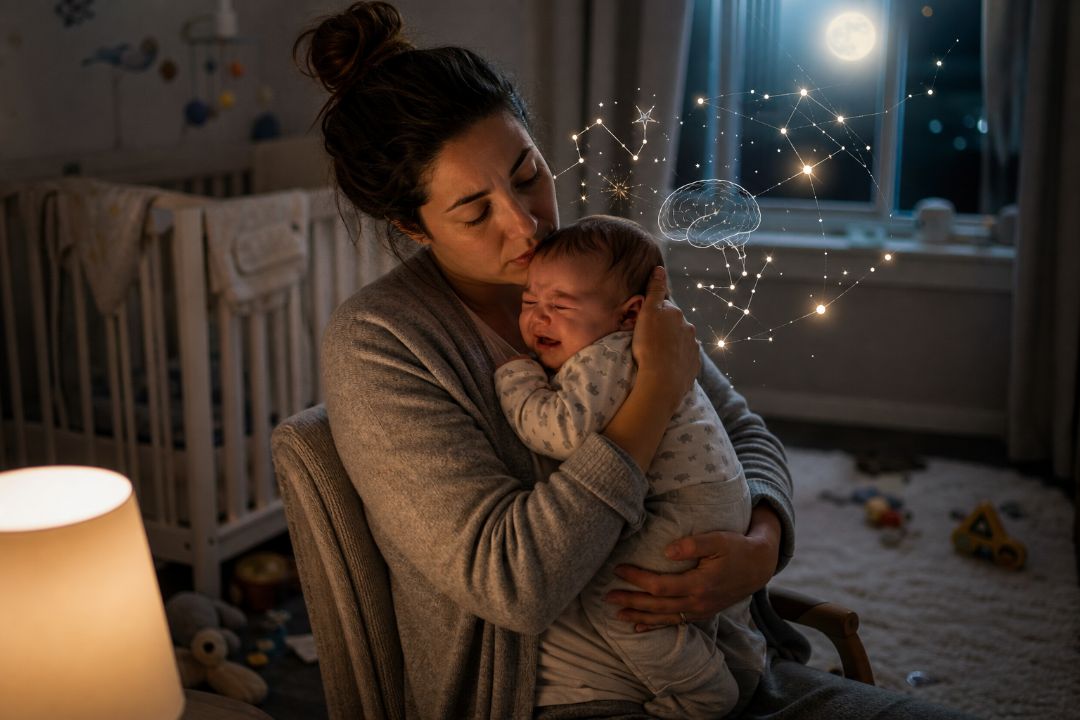 Mãe abraça e acalma um bebê chorando no quarto, com um desenho de cérebro e constelações ao fundo