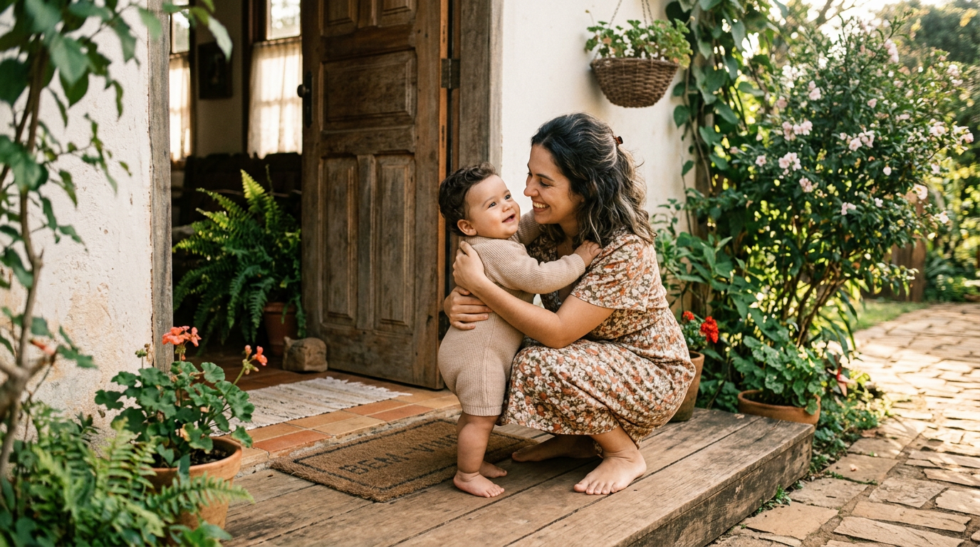 Bebê estende os braços chorando enquanto a mãe o acolhe com carinho perto da porta