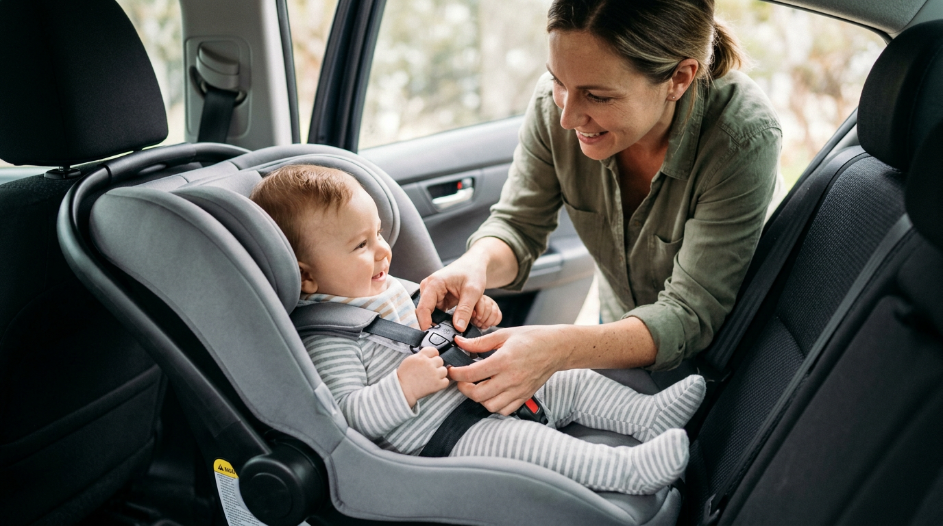 Mãe afivela o cinto de cinco pontos do bebê no bebê conforto instalado de costas no banco traseiro do carro
