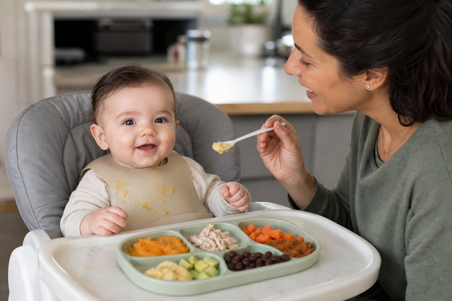 Mãe alimentando um bebê na cadeirinha com uma colher, com comida em compartimentos na bandeja